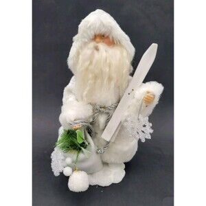 Standing Santa Claus Figure 12" Old World Style White Coat Holding Skis 12"